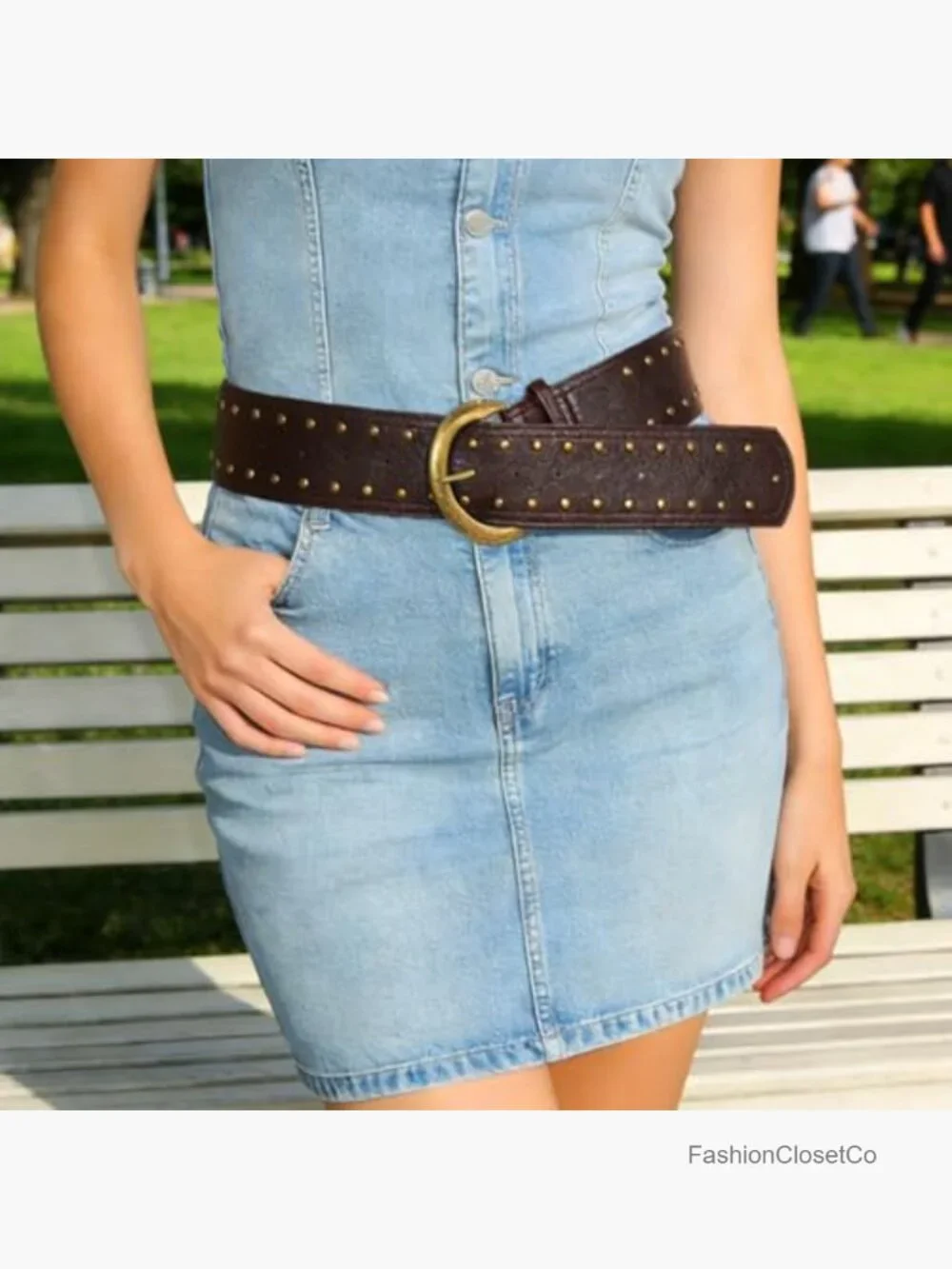 Wide Studded Chunky Leather Belt with Metal Buckle for Women